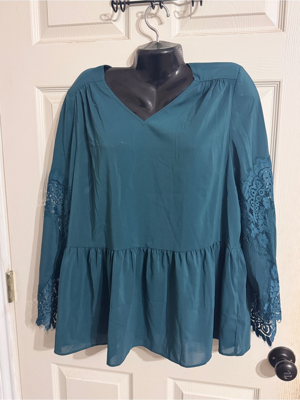 Du Jour Teal V-Neck Peplum Blouse with Lace Sleeves
